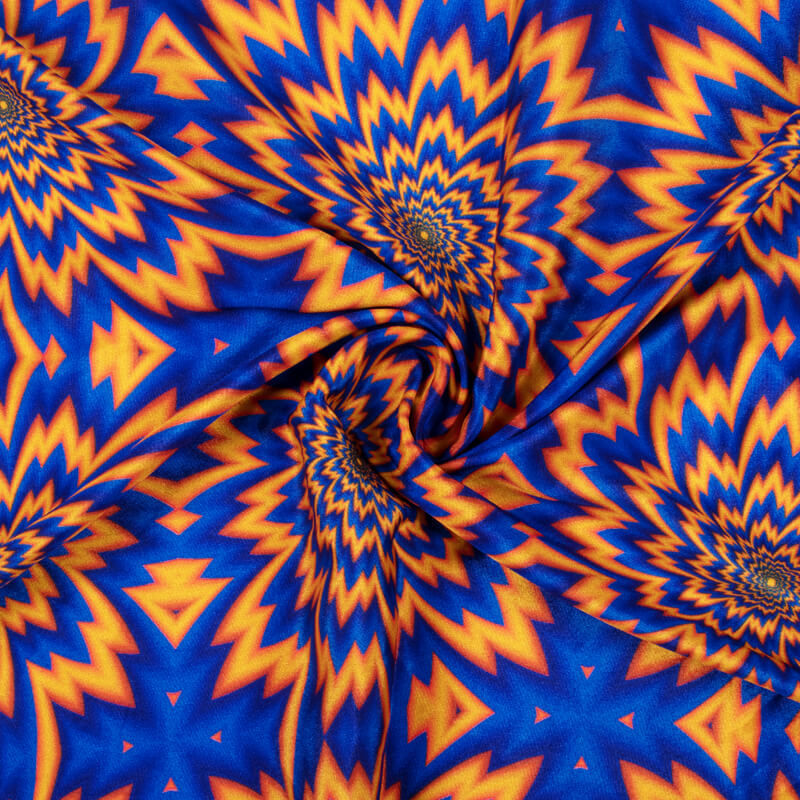 Navy Blue And Fire Orange Geometric Pattern Illusion Digital Print Crepe Silk Fabric - Fabcurate