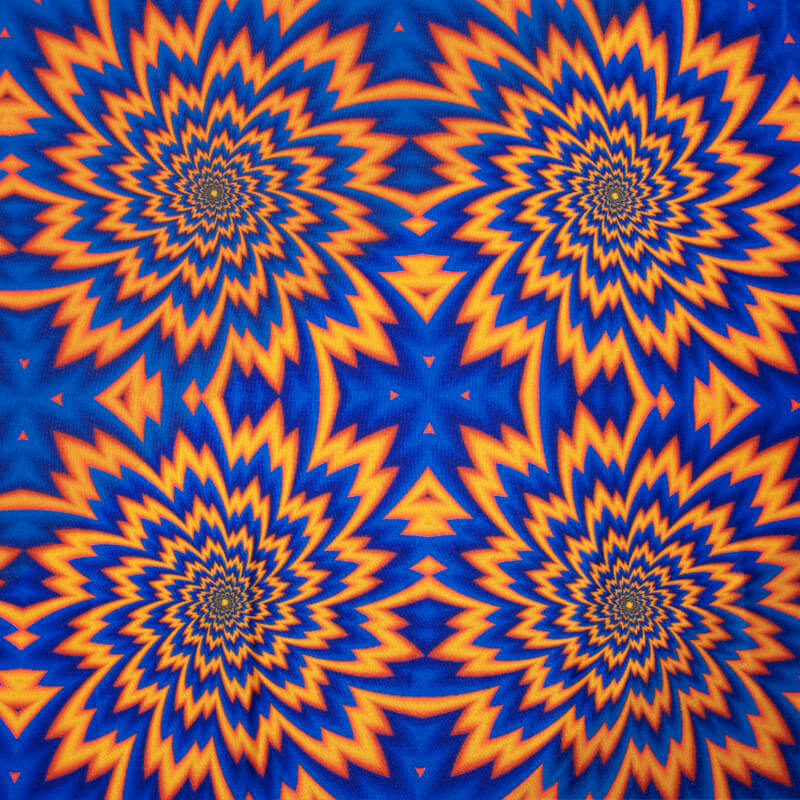 Navy Blue And Fire Orange Geometric Pattern Illusion Digital Print Crepe Silk Fabric - Fabcurate