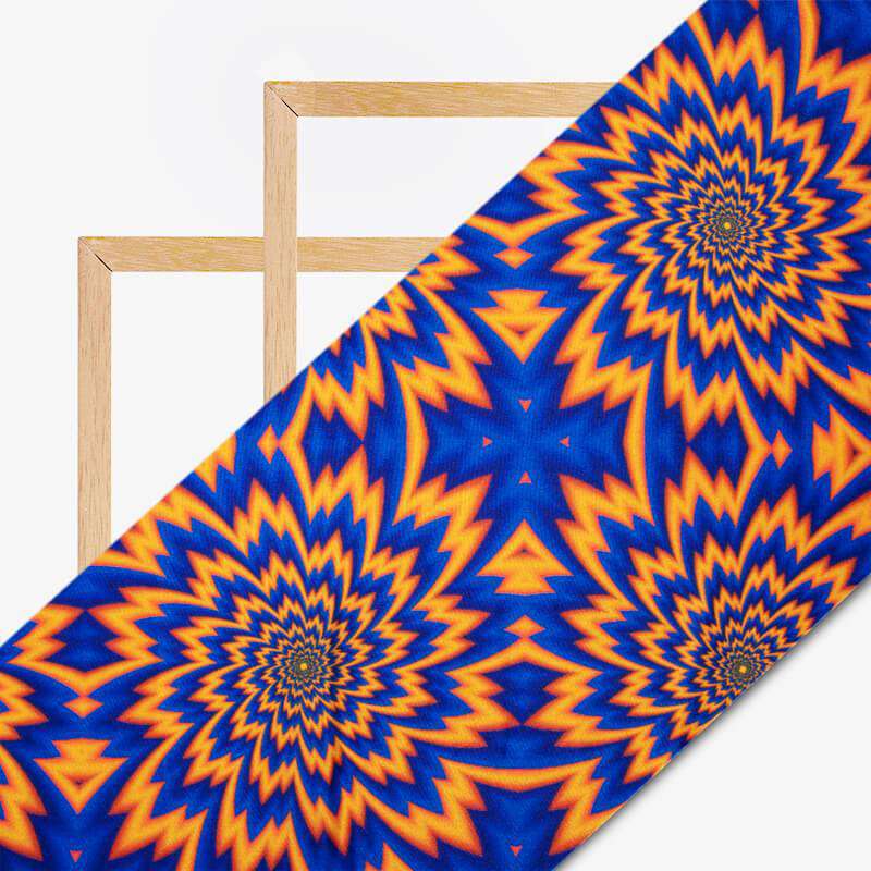 Navy Blue And Fire Orange Geometric Pattern Illusion Digital Print Crepe Silk Fabric - Fabcurate