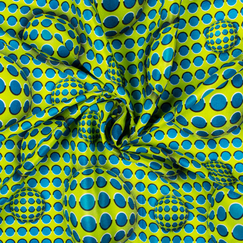 Lime Green And Ceruleen Blue Geometric Pattern Illusion Digital Print Crepe Silk Fabric - Fabcurate