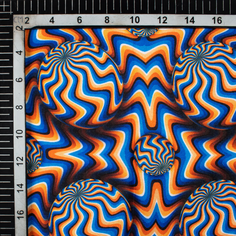 Royal Blue And Black Geometric Pattern Illusion Digital Print Crepe Silk Fabric - Fabcurate