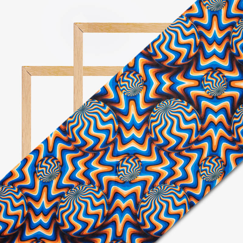 Royal Blue And Black Geometric Pattern Illusion Digital Print Crepe Silk Fabric - Fabcurate