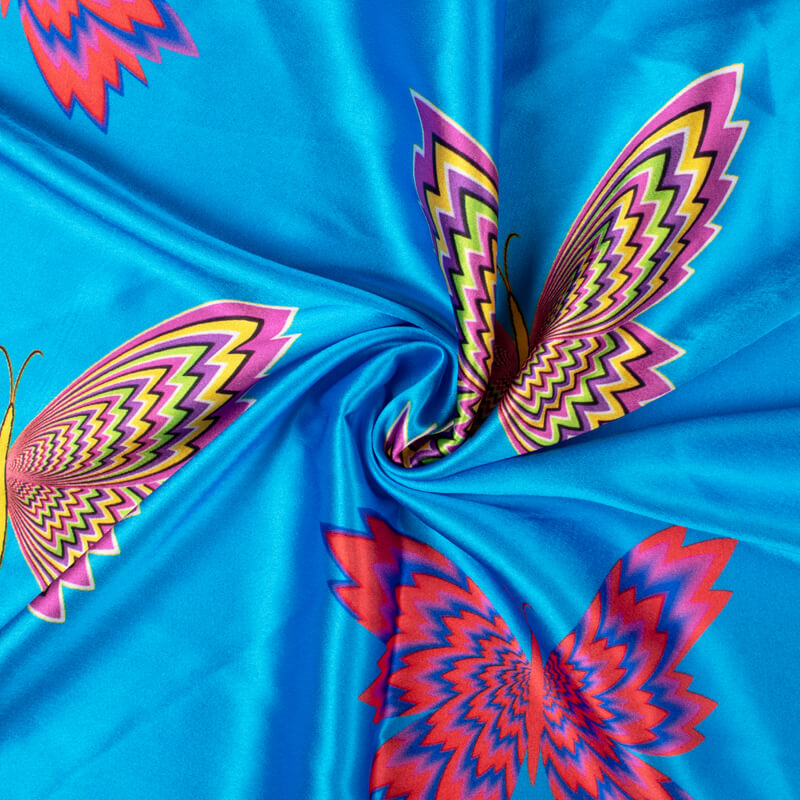 Sky Blue And  Tiger Orange Amimal Pattern Illusion Digital Print Japan Satin Fabric - Fabcurate