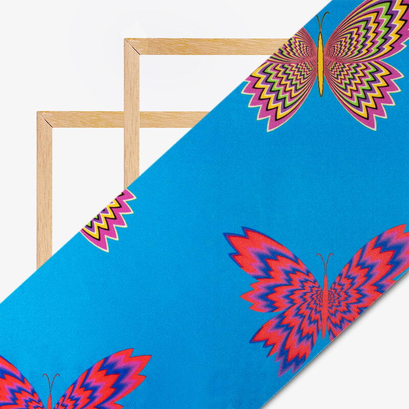 Sky Blue And  Tiger Orange Amimal Pattern Illusion Digital Print Japan Satin Fabric - Fabcurate