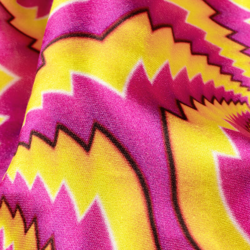 Butter Yellow And Purple Geometric Pattern Illusion Digital Print Japan Satin Fabric - Fabcurate