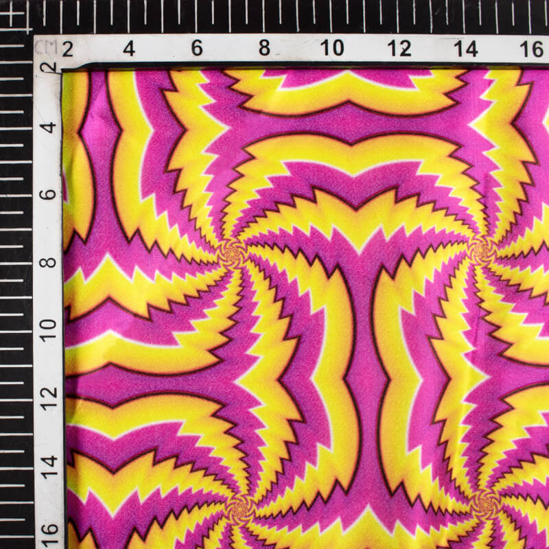 Butter Yellow And Purple Geometric Pattern Illusion Digital Print Japan Satin Fabric - Fabcurate