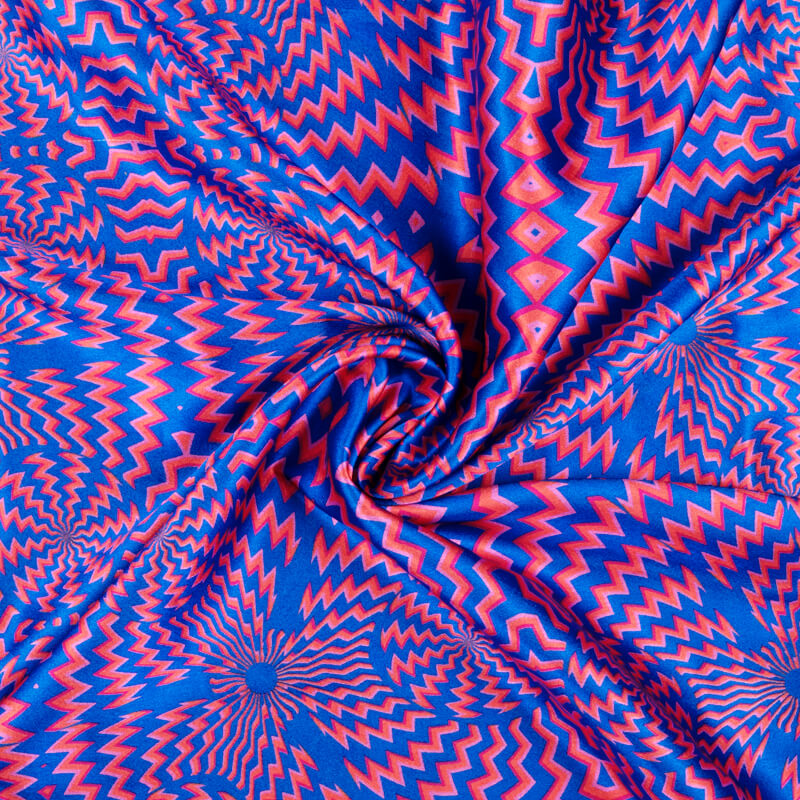 Royal Blue And Peach Geometric Pattern Illusion Digital Print Japan Satin Fabric - Fabcurate