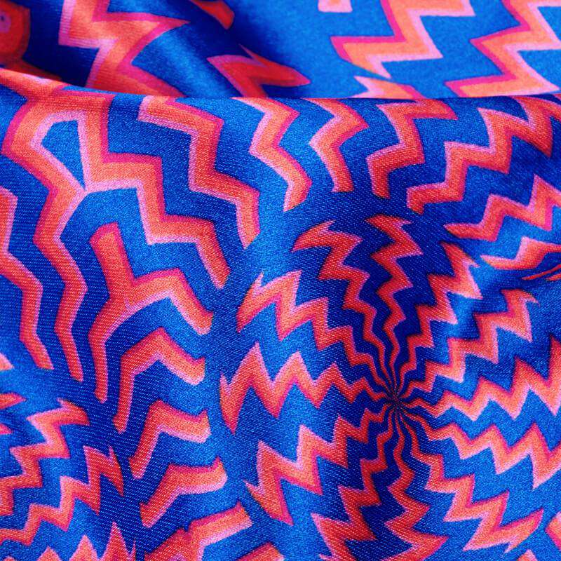 Royal Blue And Peach Geometric Pattern Illusion Digital Print Japan Satin Fabric - Fabcurate