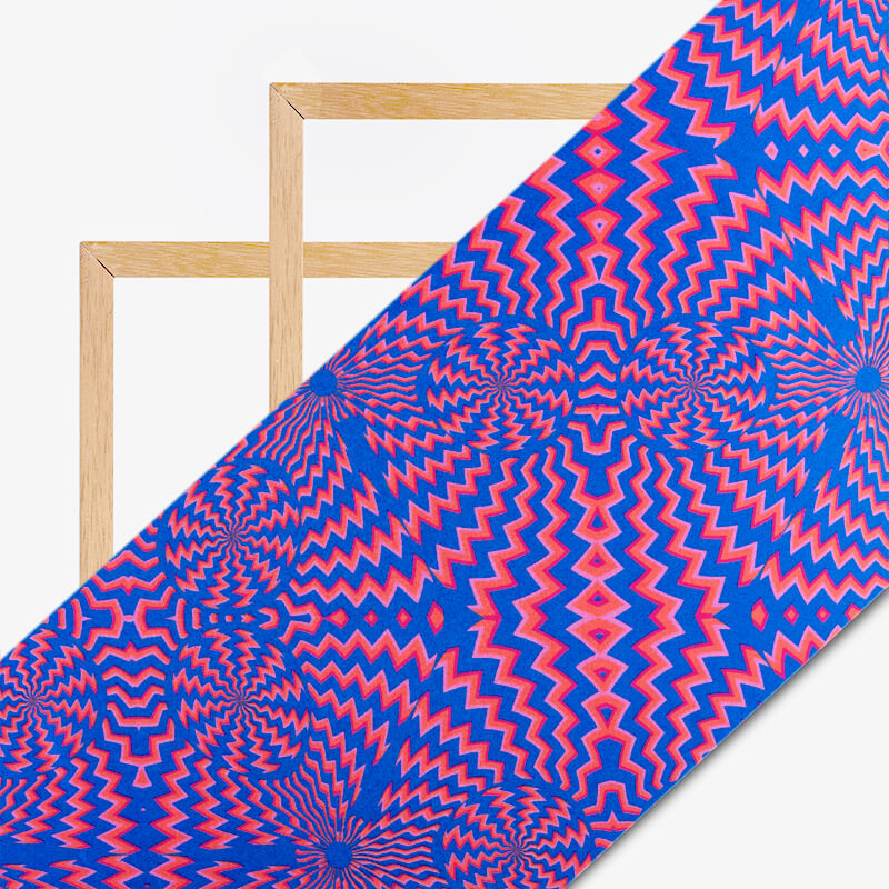 Royal Blue And Peach Geometric Pattern Illusion Digital Print Japan Satin Fabric - Fabcurate