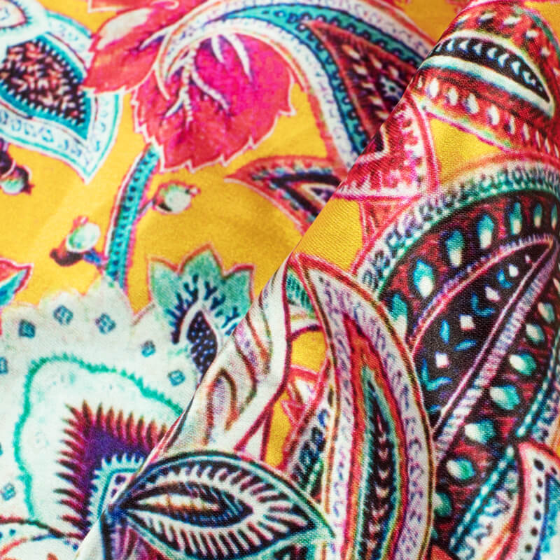 Yellow And Coral Peach Floral Pattern Digital Printed Japan Satin Fabric - Fabcurate