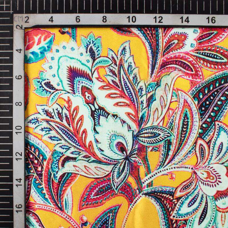 Yellow And Coral Peach Floral Pattern Digital Printed Japan Satin Fabric - Fabcurate
