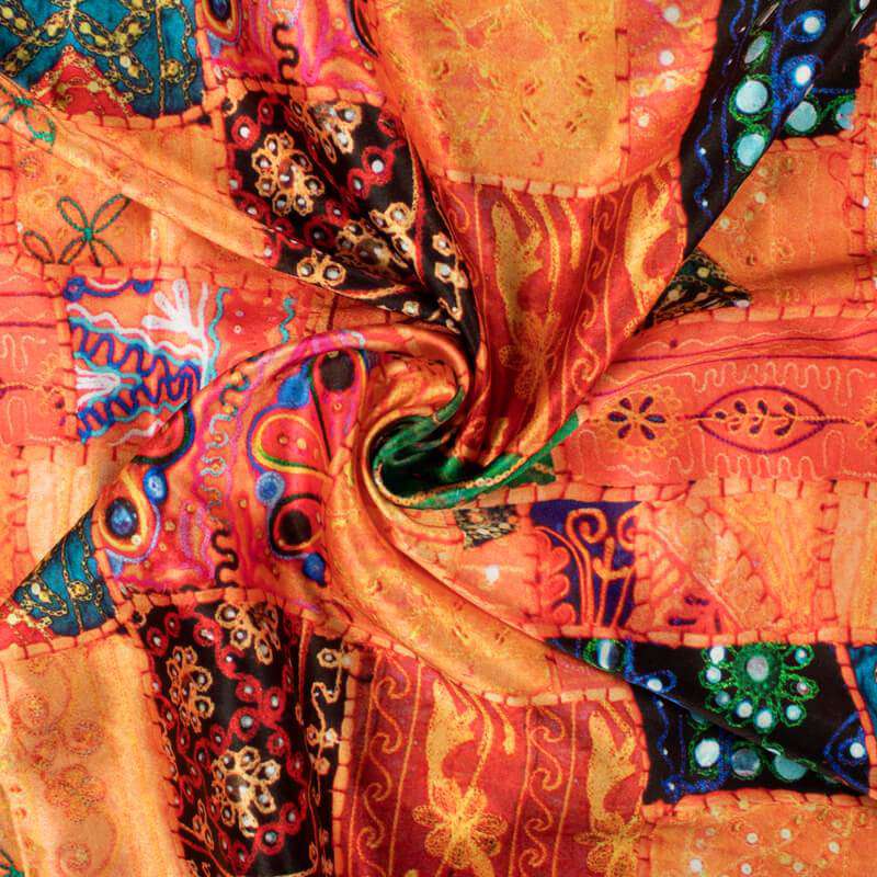 Orange And Black Gamthi Pattern Digital Printed Japan Satin Fabric - Fabcurate