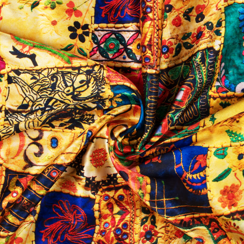 Royal Yellow And Green Gamthi Pattern Digital Printed Japan Satin Fabric - Fabcurate