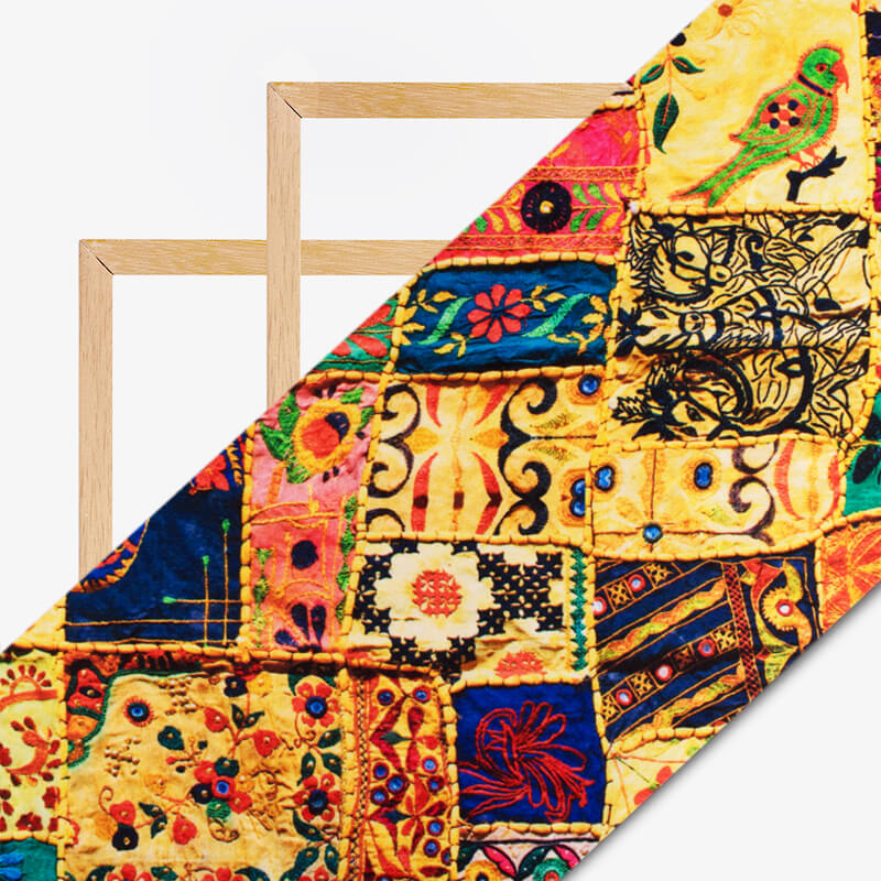 Royal Yellow And Green Gamthi Pattern Digital Printed Japan Satin Fabric - Fabcurate