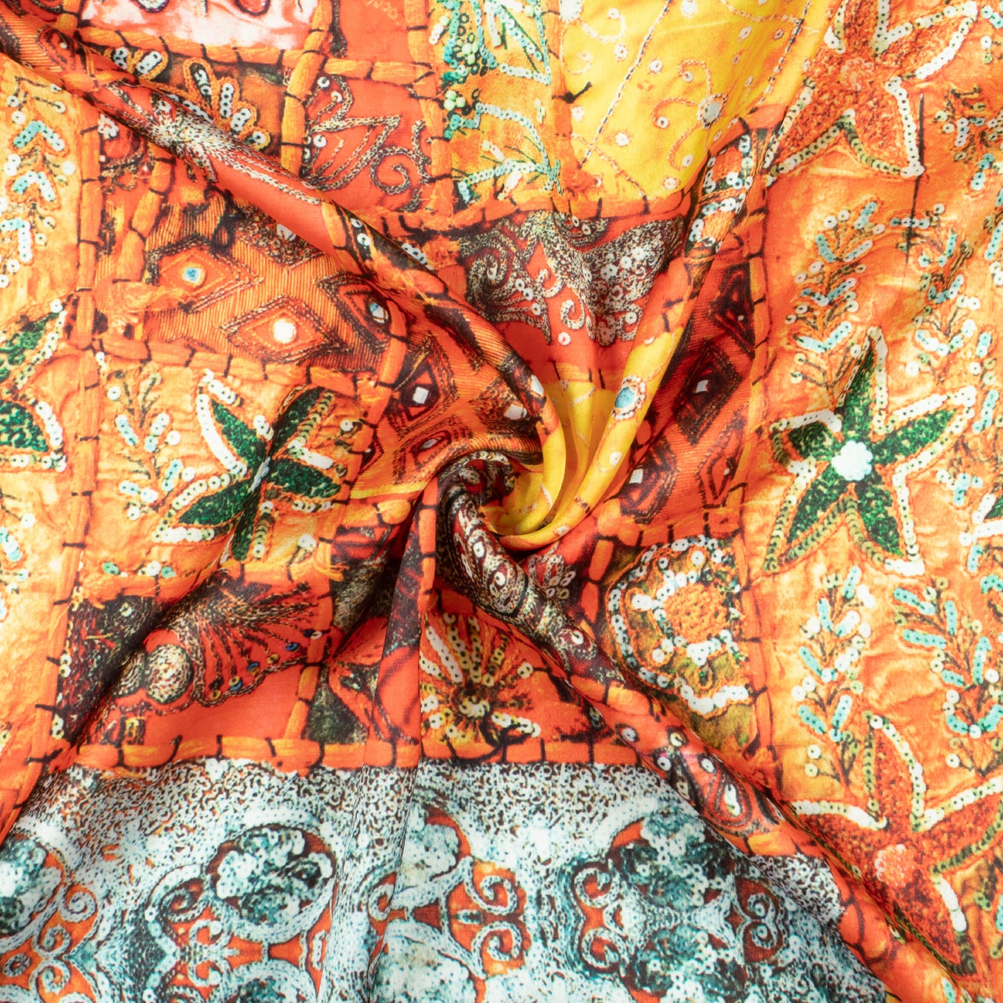 Orange And Red Gamthee Pattern Digital Printed Japan Satin Fabric