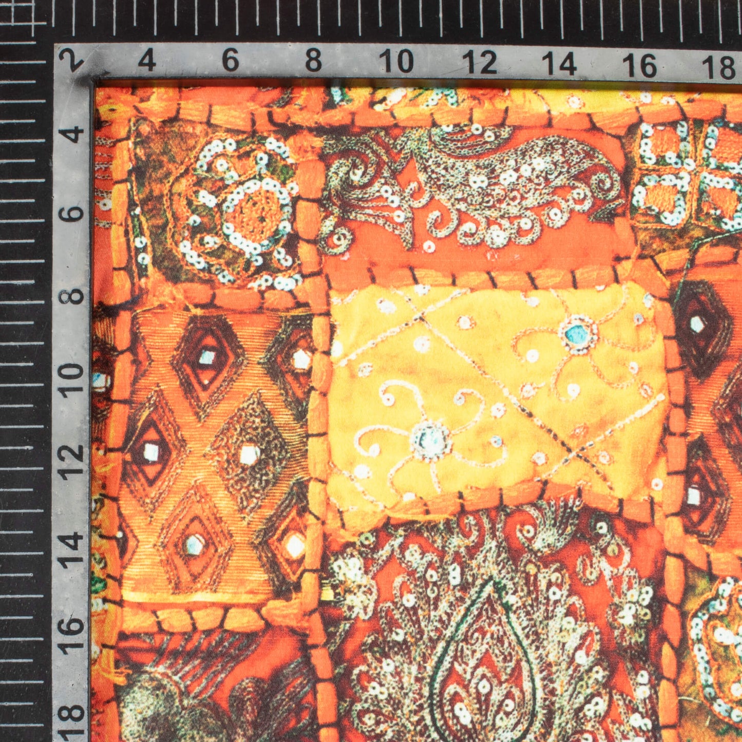 Orange And Red Gamthee Pattern Digital Printed Japan Satin Fabric