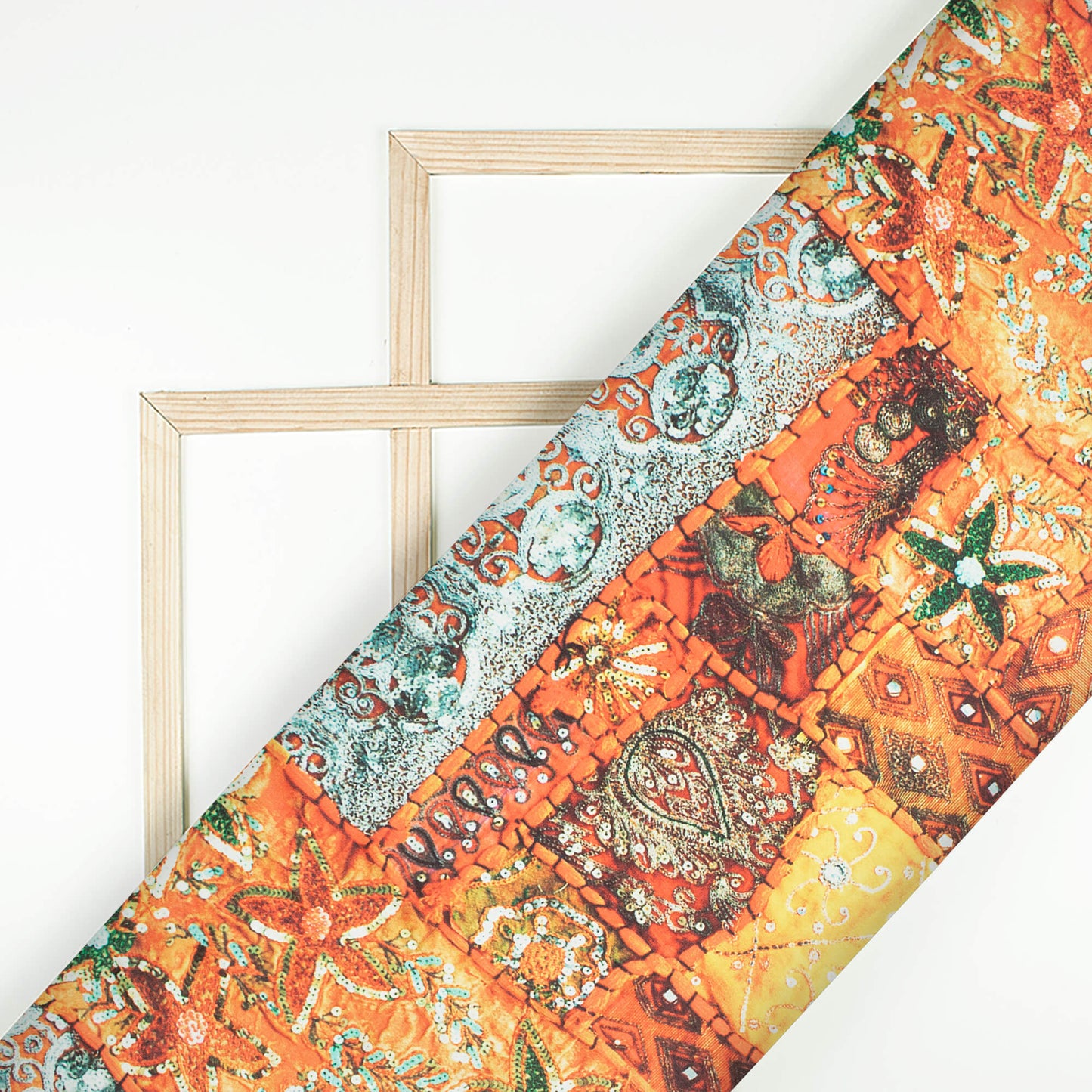 Orange And Red Gamthee Pattern Digital Printed Japan Satin Fabric