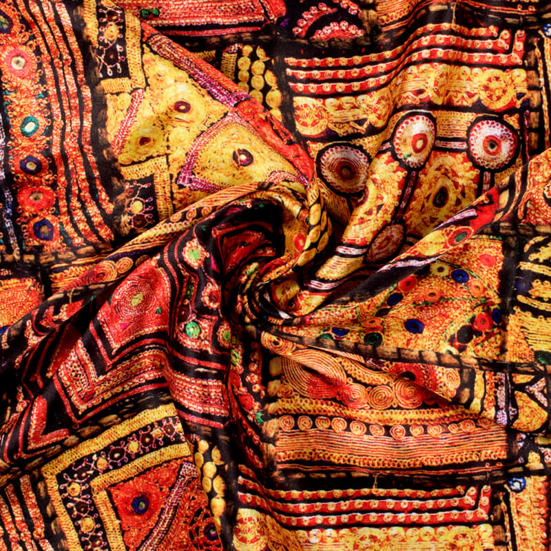 Gold Yellow And Black Gamthi Pattern Digital Printed Japan Satin Fabric - Fabcurate