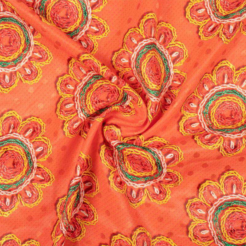Orange And Yellow Gamthi Pattern Digital Printed Jacquard Booti Japan Satin Fabric (Width 58 Inches) - Fabcurate