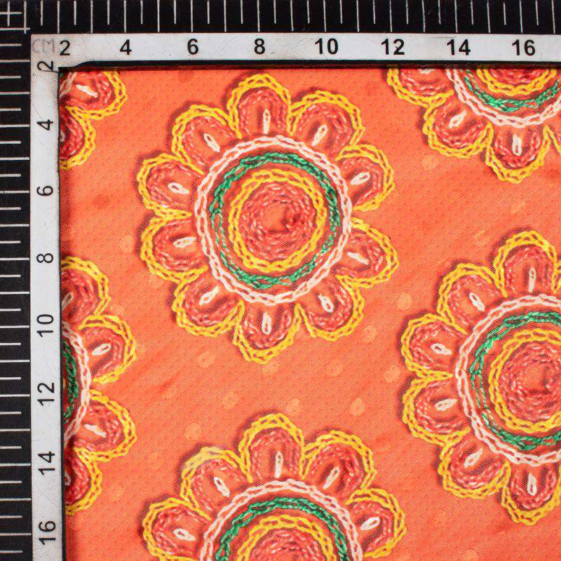 Orange And Yellow Gamthi Pattern Digital Printed Jacquard Booti Japan Satin Fabric (Width 58 Inches) - Fabcurate