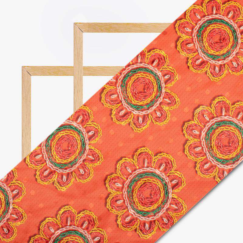 Orange And Yellow Gamthi Pattern Digital Printed Jacquard Booti Japan Satin Fabric (Width 58 Inches) - Fabcurate