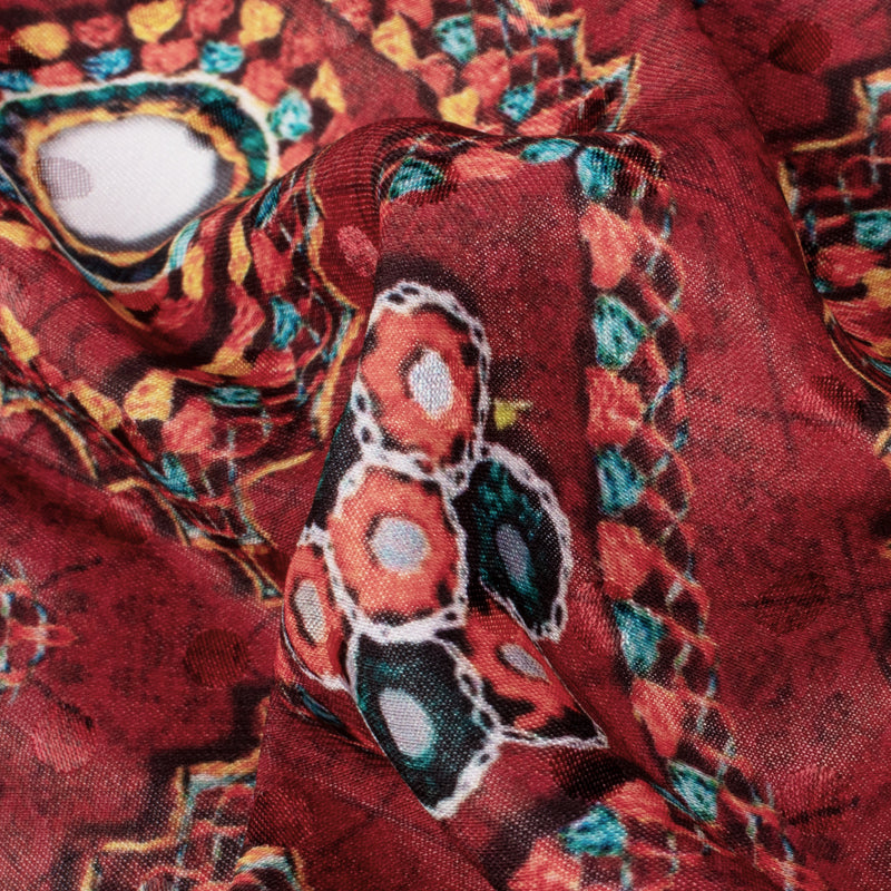 Maroon And Orange Gamthi Pattern Digital Printed Jacquard Booti Japan Satin Fabric (Width 58 Inches) - Fabcurate