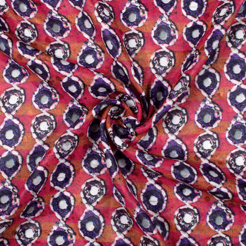 Dark Purple And Fuchsia Pink Gamthi Pattern Digital Printed Jacquard Booti Japan Satin Fabric (Width 58 Inches) - Fabcurate