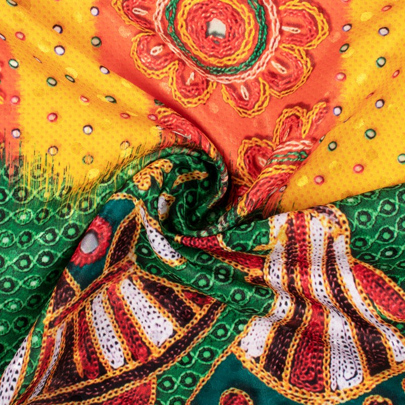 Yellow And Orange  Gamthi Pattern Digital Printed Jacquard Booti Japan Satin Fabric (Width 58 Inches) - Fabcurate