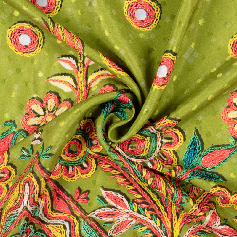 Olive Green And Orange Gamthi Pattern Digital Printed Jacquard Booti Japan Satin Fabric (Width 58 Inches) - Fabcurate