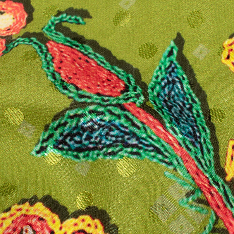 Olive Green And Orange Gamthi Pattern Digital Printed Jacquard Booti Japan Satin Fabric (Width 58 Inches) - Fabcurate