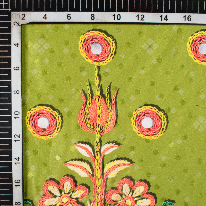 Olive Green And Orange Gamthi Pattern Digital Printed Jacquard Booti Japan Satin Fabric (Width 58 Inches) - Fabcurate