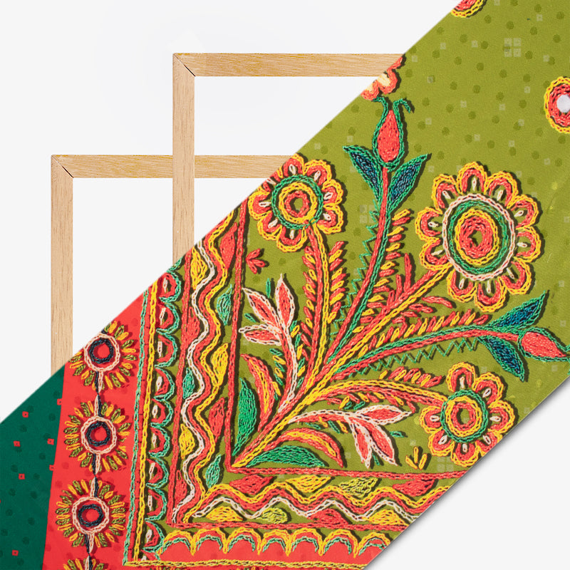 Olive Green And Orange Gamthi Pattern Digital Printed Jacquard Booti Japan Satin Fabric (Width 58 Inches) - Fabcurate
