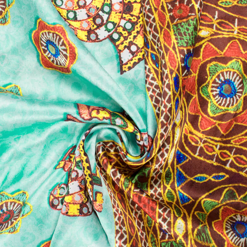 Sky Blue And Brown Gamthi Pattern Digital Printed Japan Satin Fabric - Fabcurate