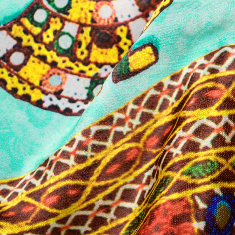 Sky Blue And Brown Gamthi Pattern Digital Printed Japan Satin Fabric - Fabcurate