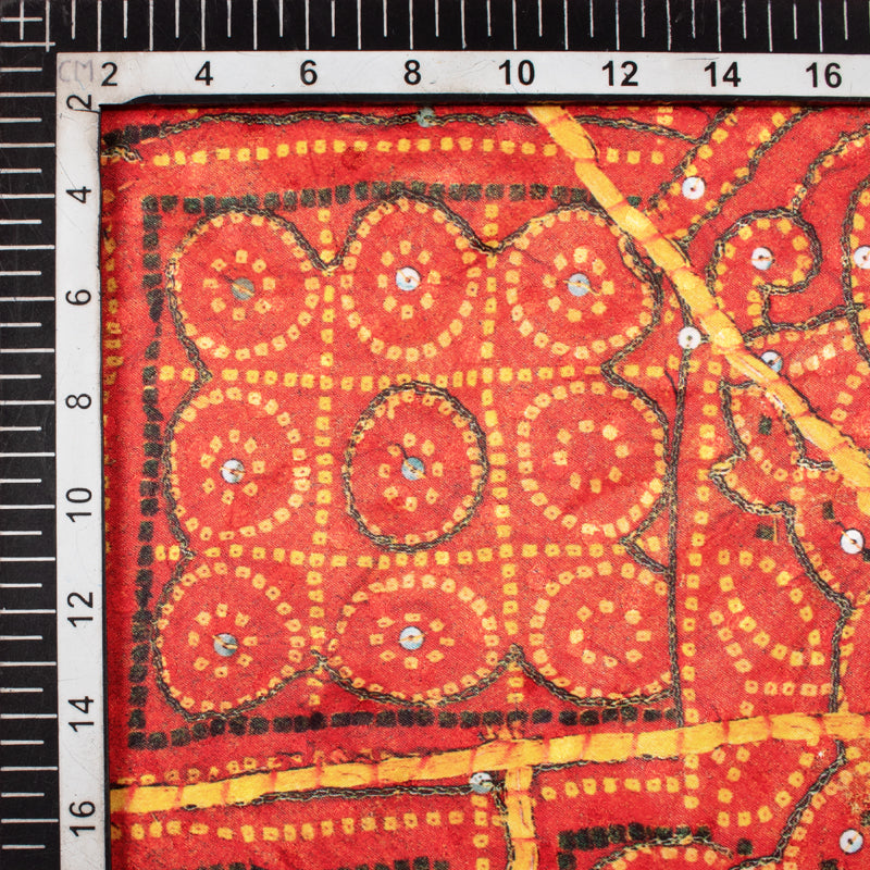 Red And Yellow Bandhani Pattern Digital Printed Japan Satin Fabric (Width 58 Inches) - Fabcurate