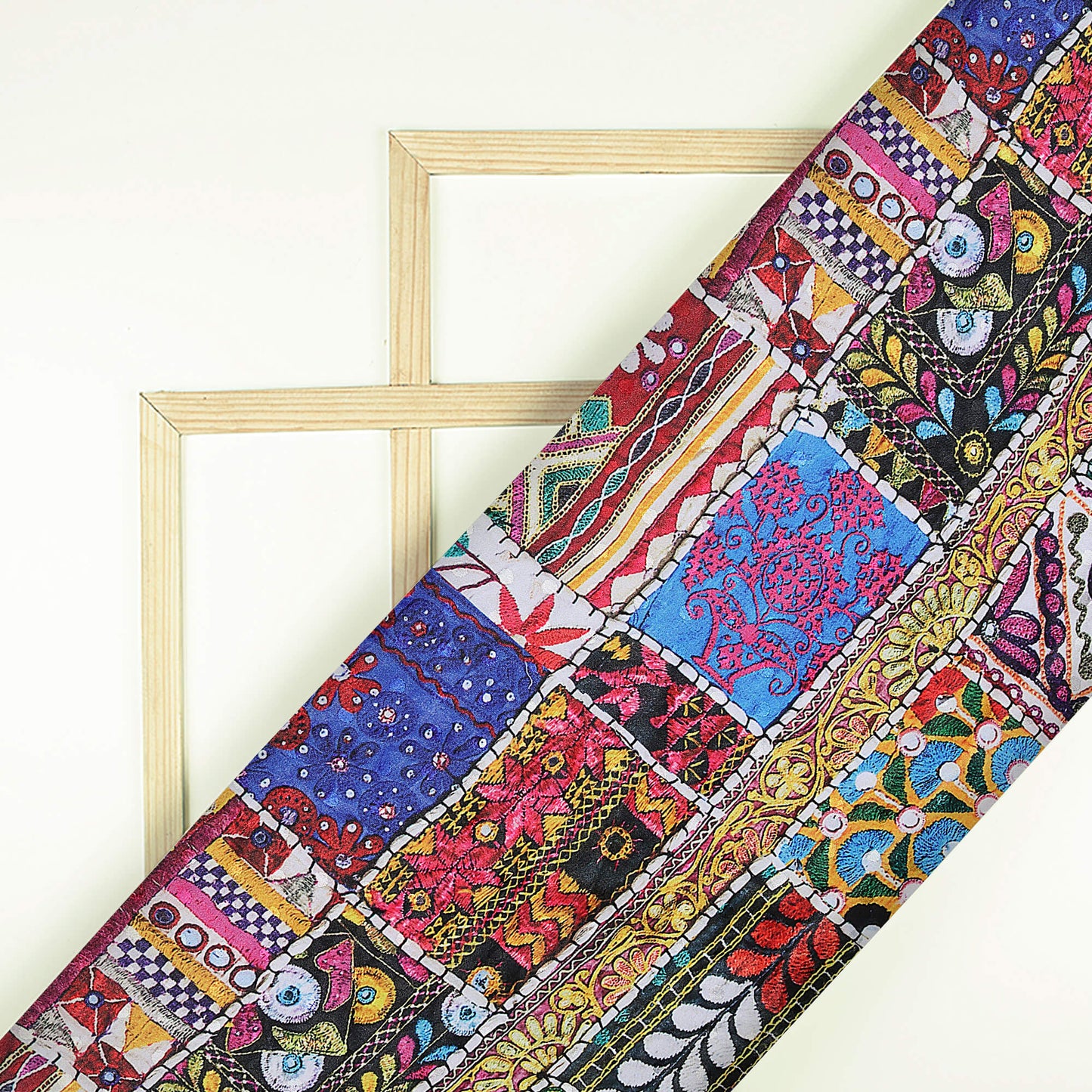 Multi-Color Gamthi Pattern Digital Printed Jacquard Booti Japan Satin Fabric (Width 56 Inches)