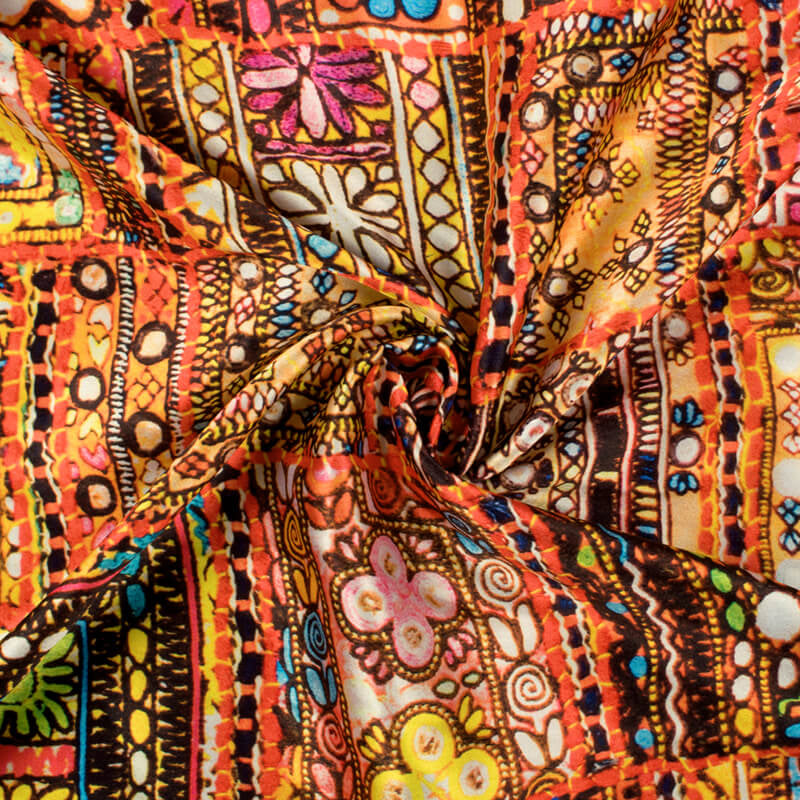 Multi-Color Gamthee Pattern Digital Printed Japan Satin Fabric