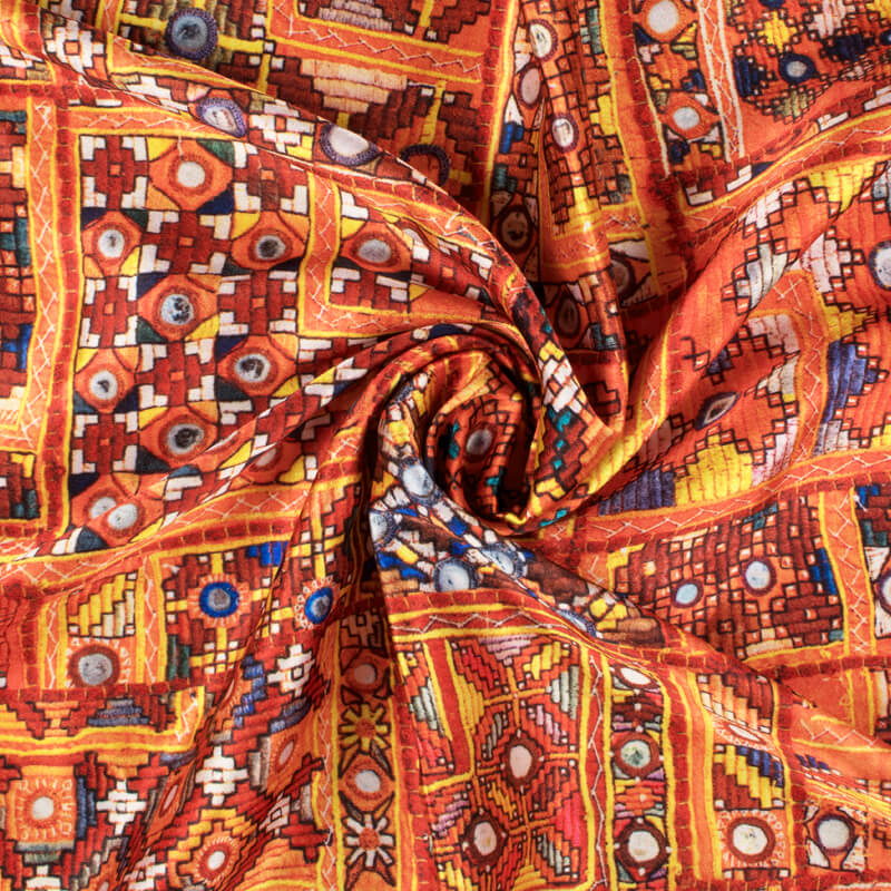 Orange Gamthi Pattern Digital Printed Japan Satin Fabric - Fabcurate