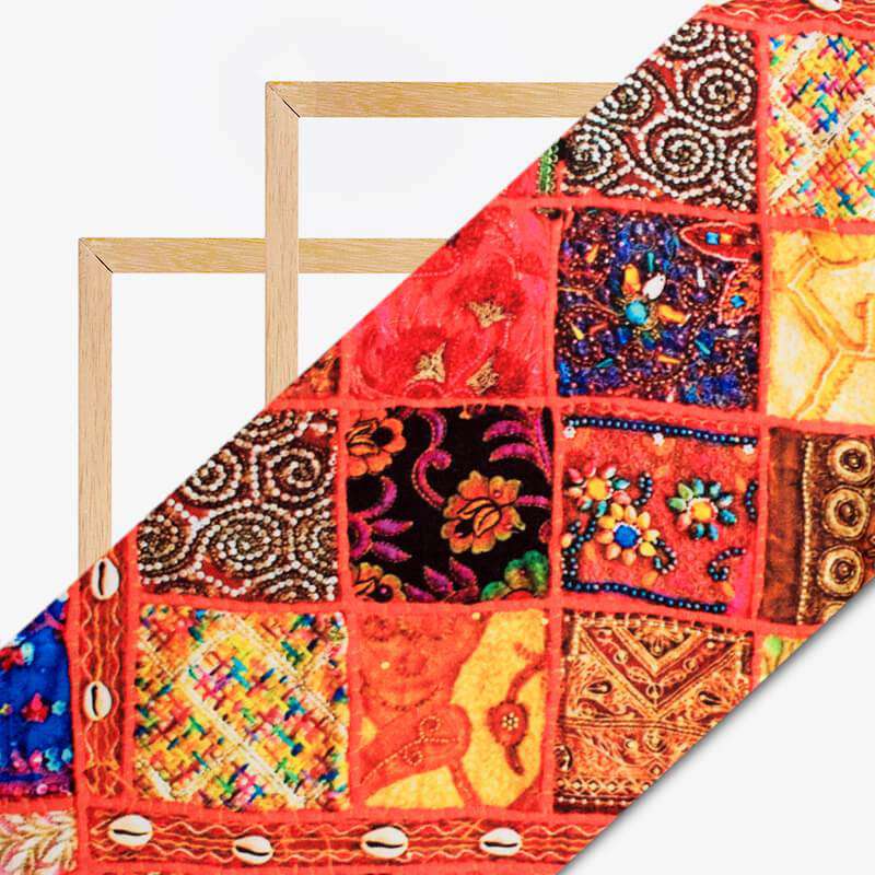 Orange And Blue Gamthi Pattern Digital Printed Japan Satin Fabric - Fabcurate