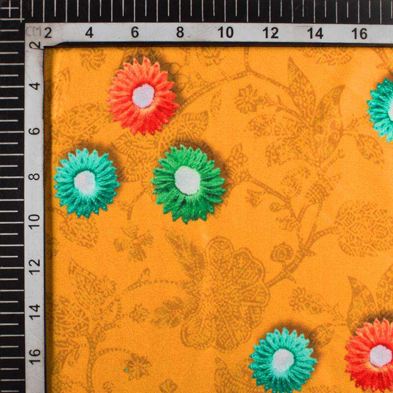 Honey Yellow And Turquoise Green Gamthi Pattern Digital Printed Japan Satin Fabric - Fabcurate