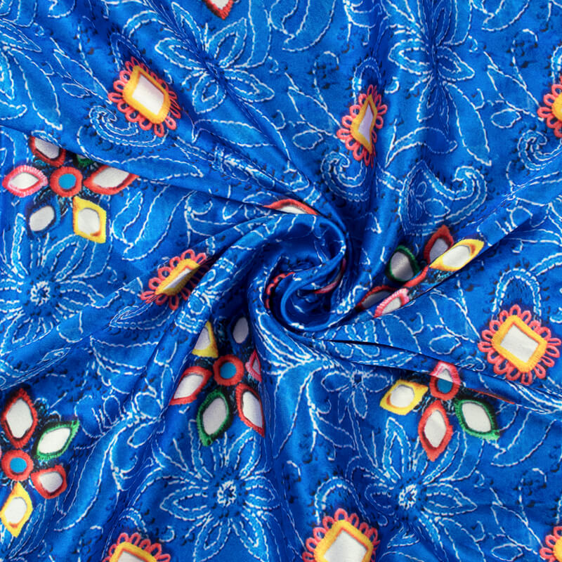 Royal Blue And Coral Peach Gamthi Pattern Digital Printed Japan Satin Fabric - Fabcurate