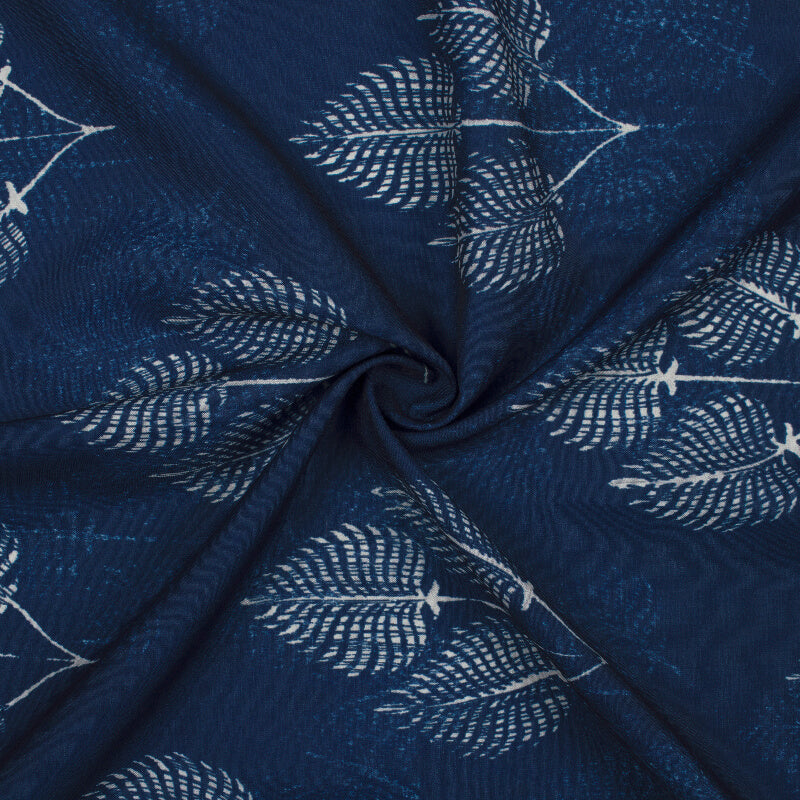 Navy Blue And White Leaf Pattern Digital Printed Muslin Fabric - Fabcurate