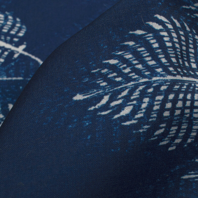 Navy Blue And White Leaf Pattern Digital Printed Muslin Fabric - Fabcurate