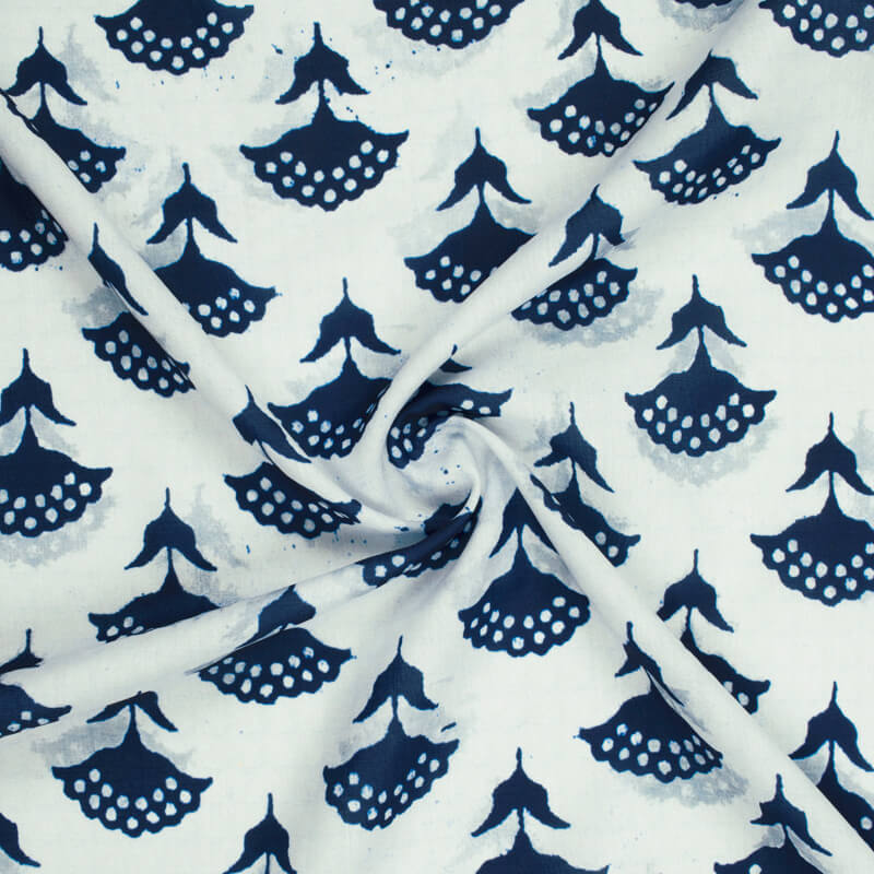 White And Navy Blue Floral Pattern Digital Printed Muslin Fabric - Fabcurate