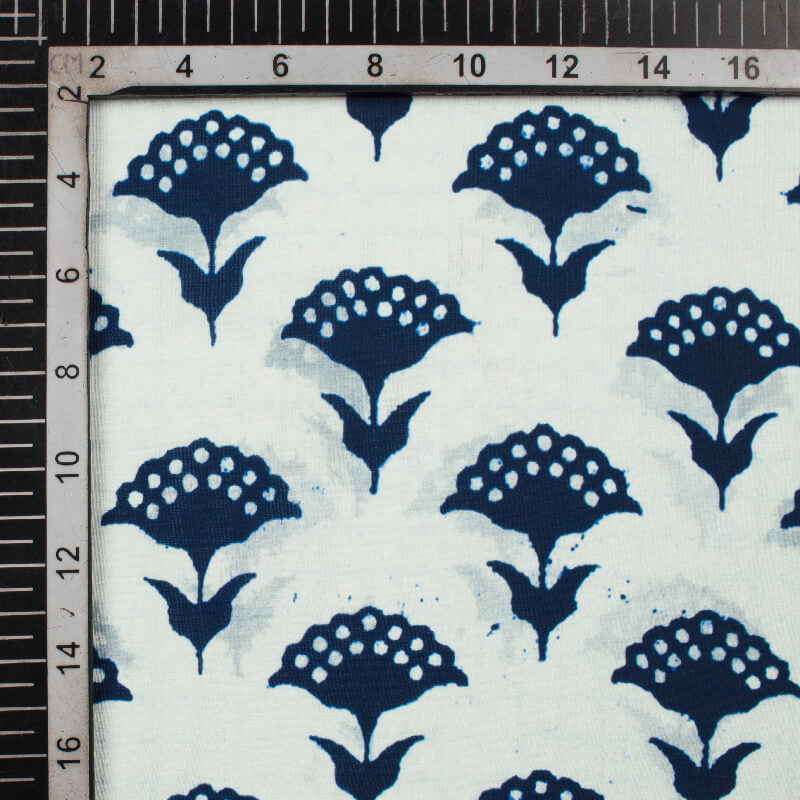 White And Navy Blue Floral Pattern Digital Printed Muslin Fabric - Fabcurate