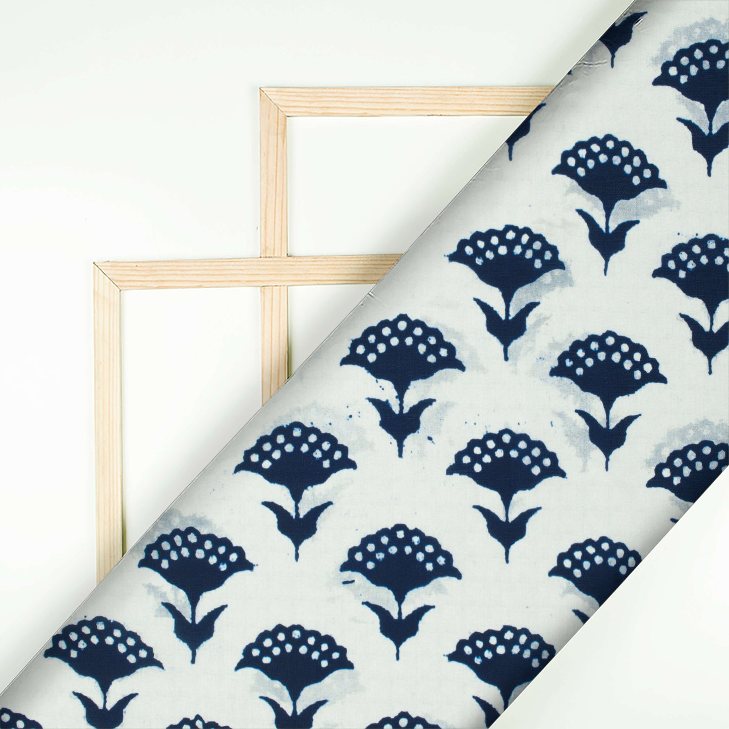 White And Navy Blue Floral Pattern Digital Printed Muslin Fabric - Fabcurate