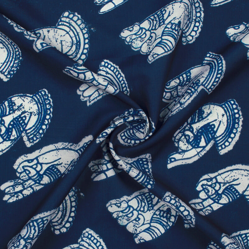 Navy Blue And White Quirky Pattern Digital Printed Muslin Fabric - Fabcurate
