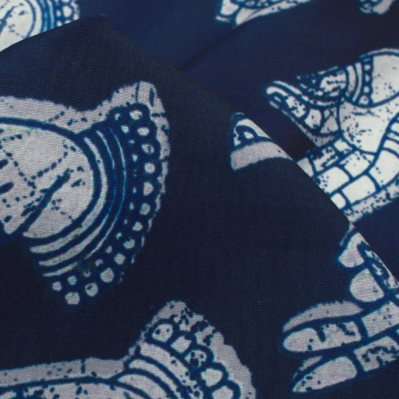 Navy Blue And White Quirky Pattern Digital Printed Muslin Fabric - Fabcurate