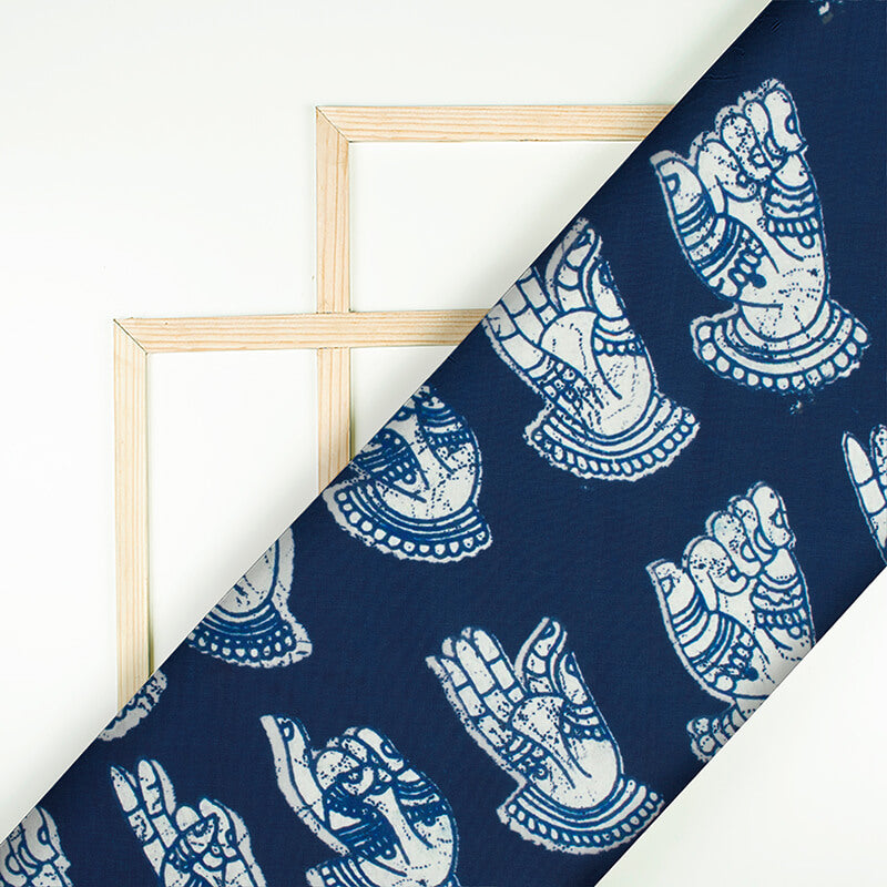 Navy Blue And White Quirky Pattern Digital Printed Muslin Fabric - Fabcurate