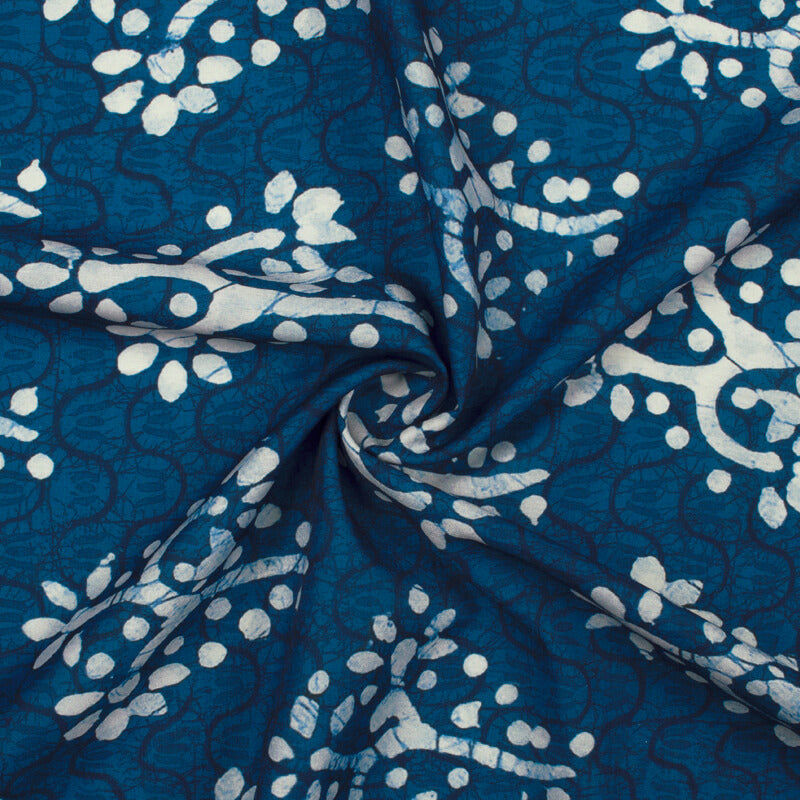 Navy Blue And White Floral Pattern Digital Printed Muslin Fabric - Fabcurate